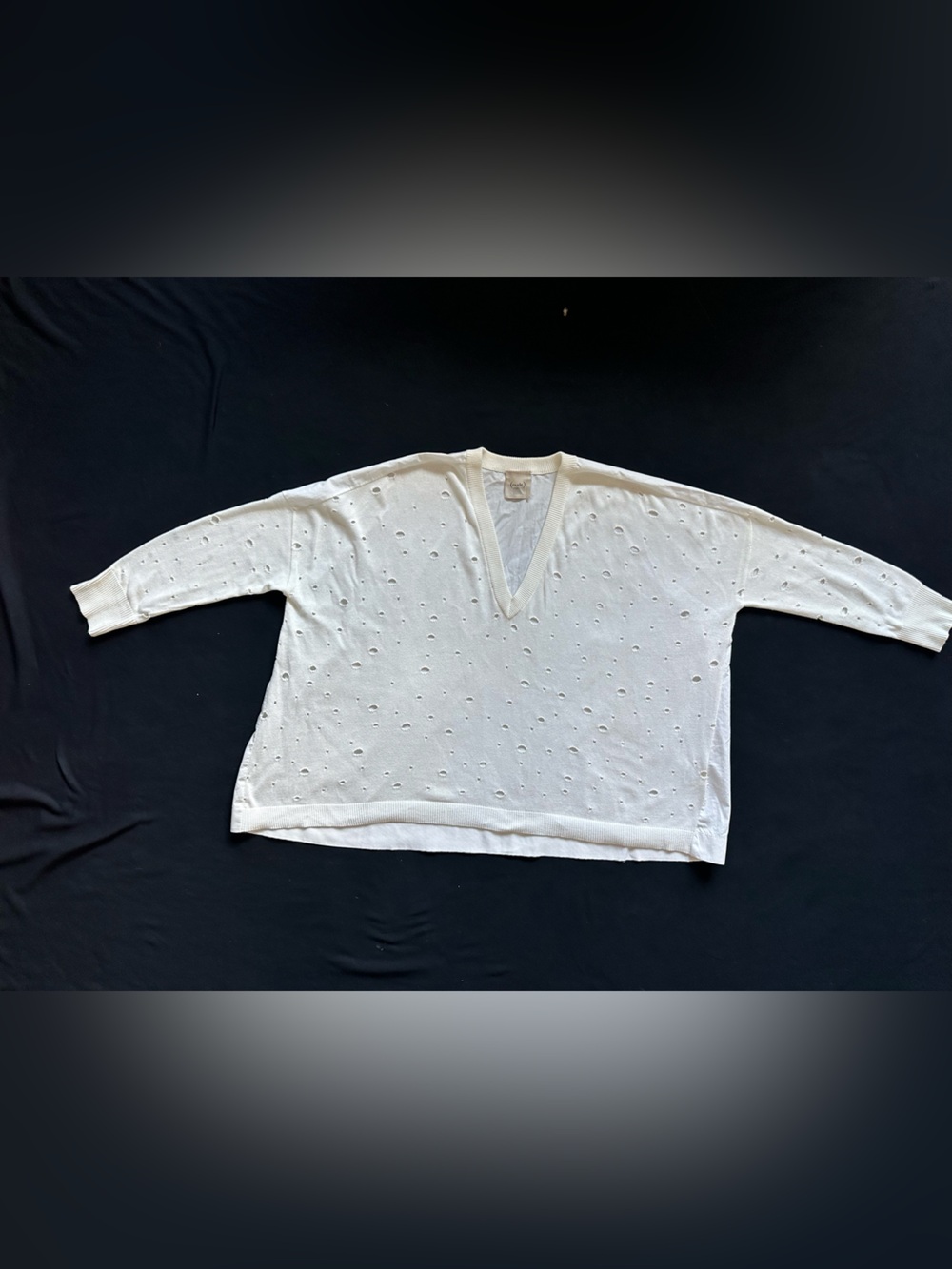 (Nude) Made in Italy Women’s white 
V-Neck distressed Knit mixed media Sweater 4